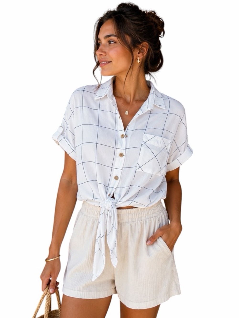 Love Notes Medium White Black Windowpane Cropped Tie Front Short Sleeve Shirt